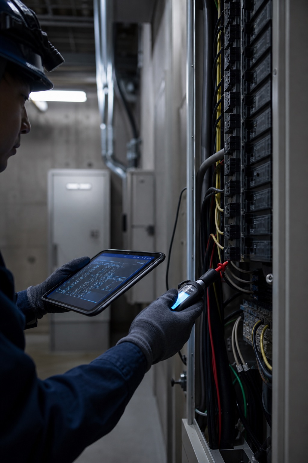 配電盤を点検する電気工事スタッフのイメージ