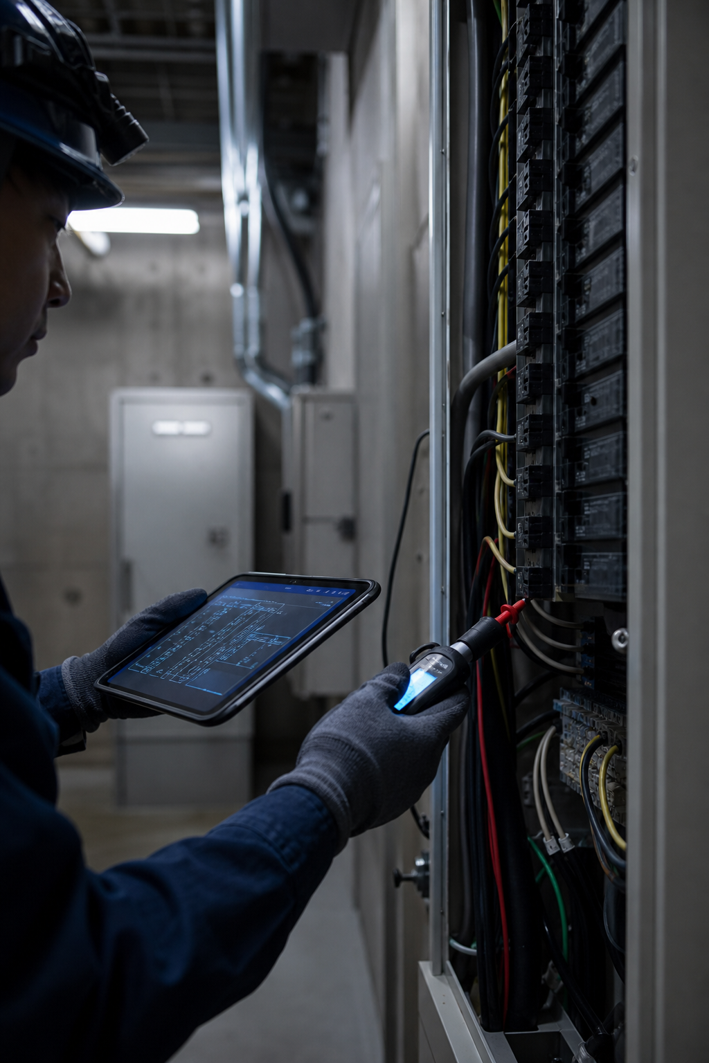 配電盤を点検する電気工事スタッフのイメージ